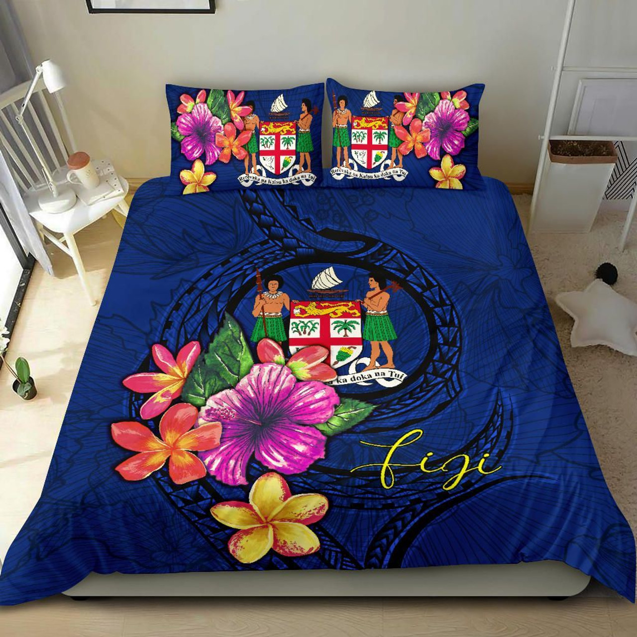 Polynesian Bedding Set - Fiji Duvet Cover Set Floral With Seal Blue 2