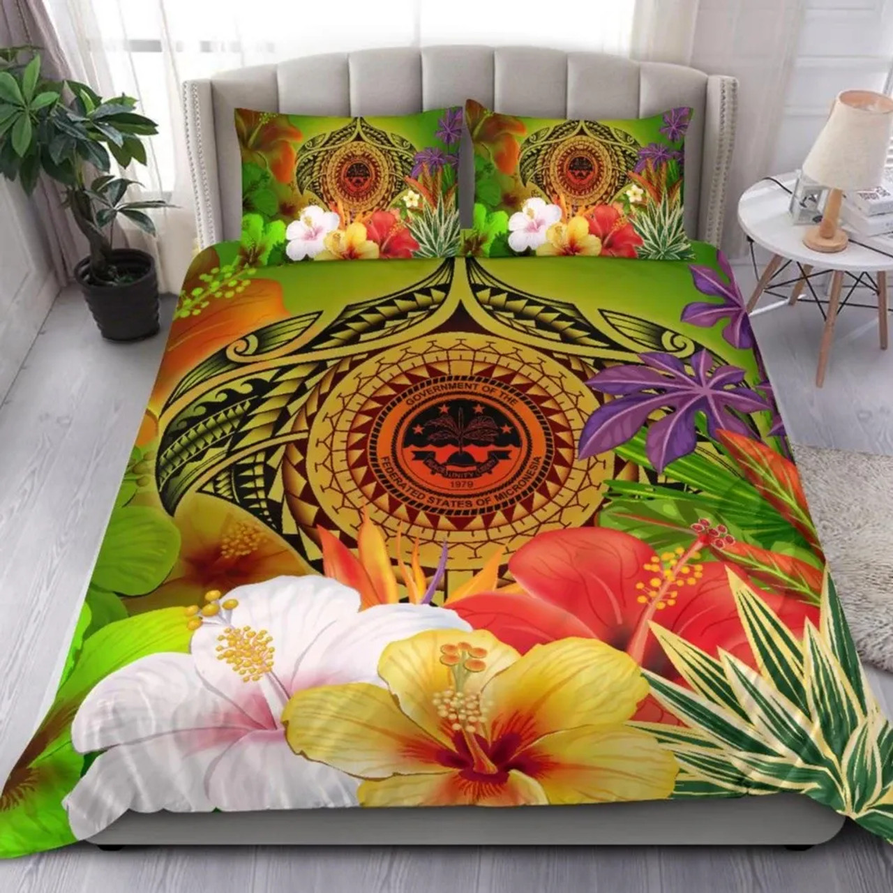 FSM Polynesian Bedding Set - Manta Ray Tropical Flowers (Reggae) 1