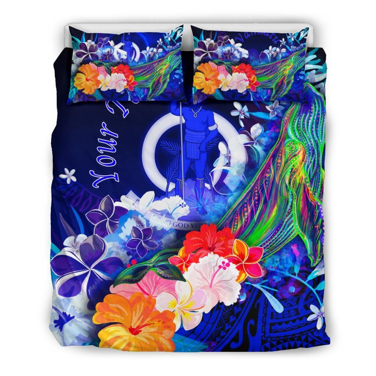 Vanuatu Custom Personalised Bedding Set - Humpback Whale With Tropical Flowers (Blue) 3