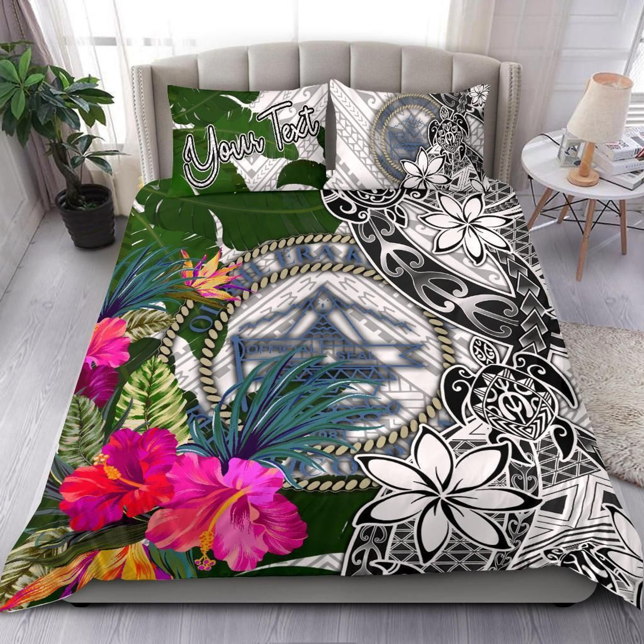 Palau Custom Personalised Bedding Set White - Turle Plumeria Banana Leaf Crest 1