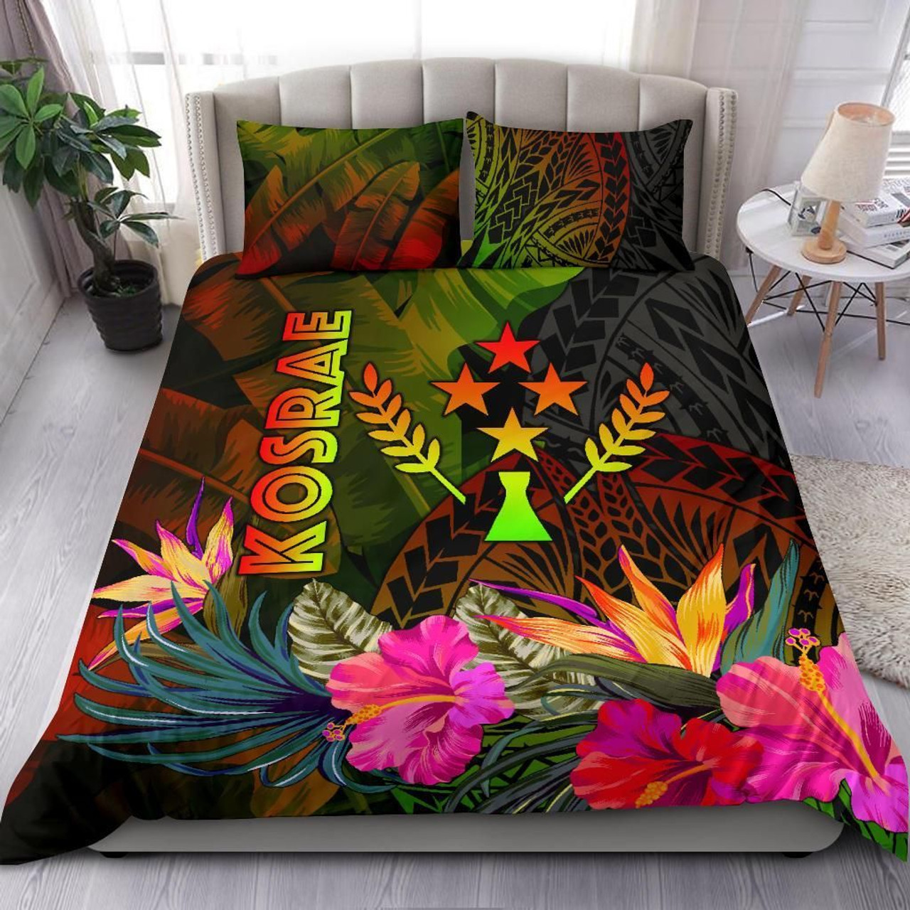 Kosrae Polynesian Bedding Set - Hibiscus And Banana Leaves 1