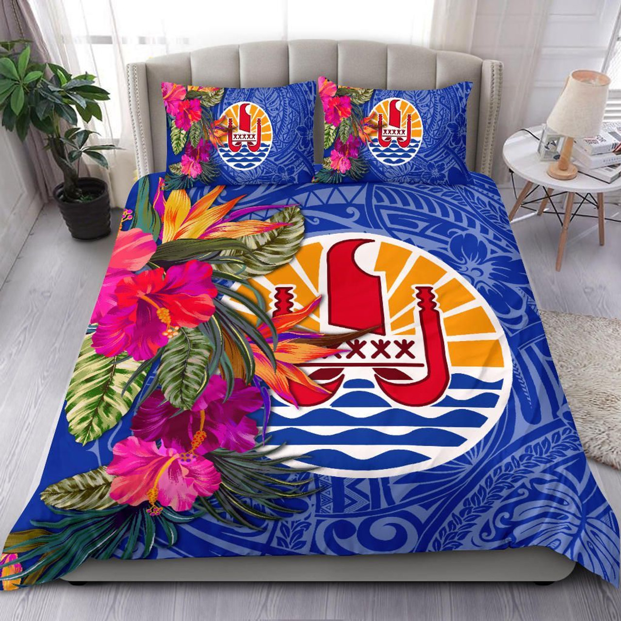 Tahiti Bedding Set - Hibiscus Polynesian Pattern Blue Version 1