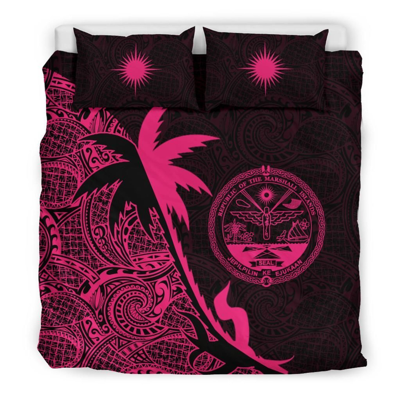 Marshall Islands Duvet Cover Set - Marshall Islands Coat Of Arms & Coconut Tree Pink 1