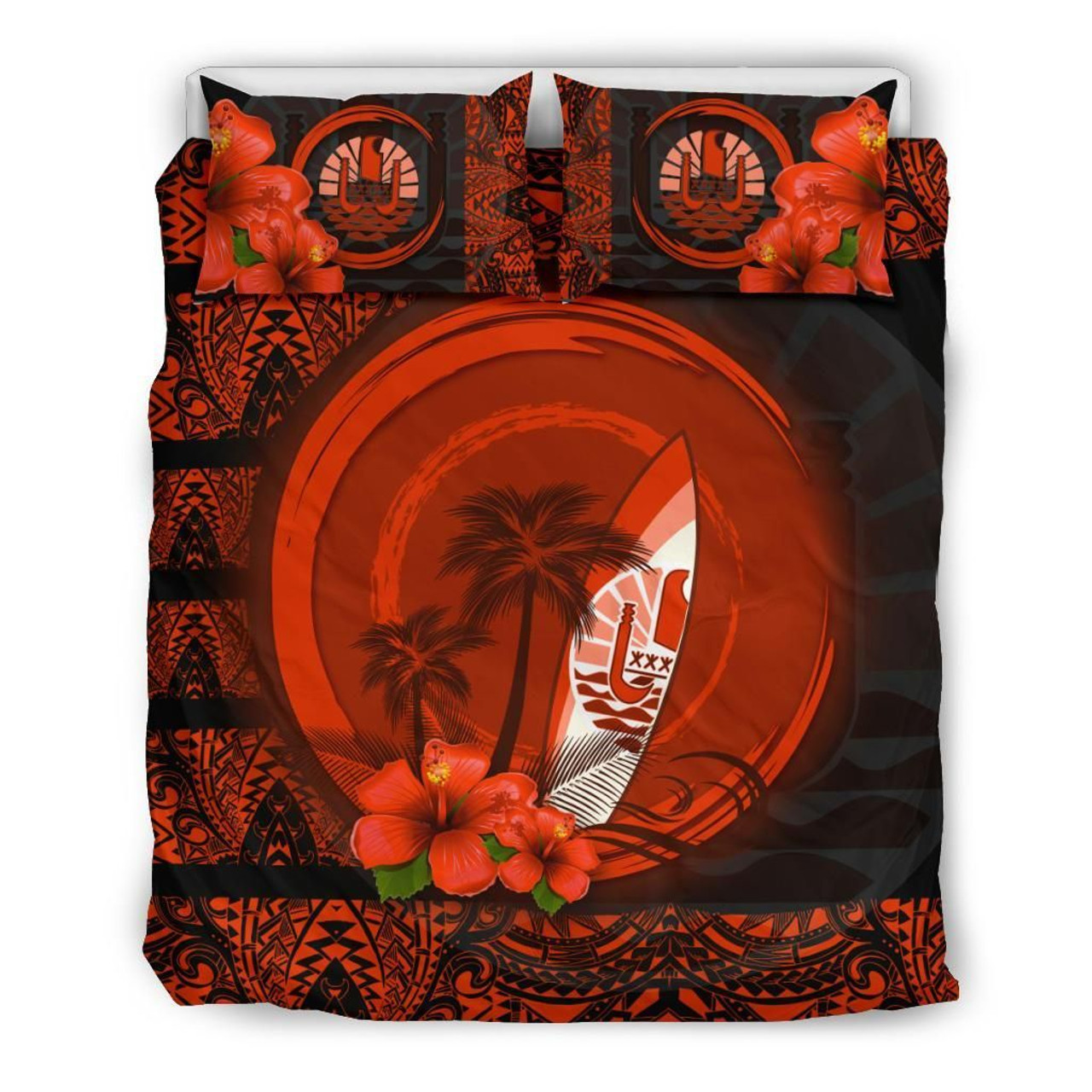 Tahiti Duvet Cover Set - Tahiti Coat Of Arms Hibiscus Coconut Tree 2