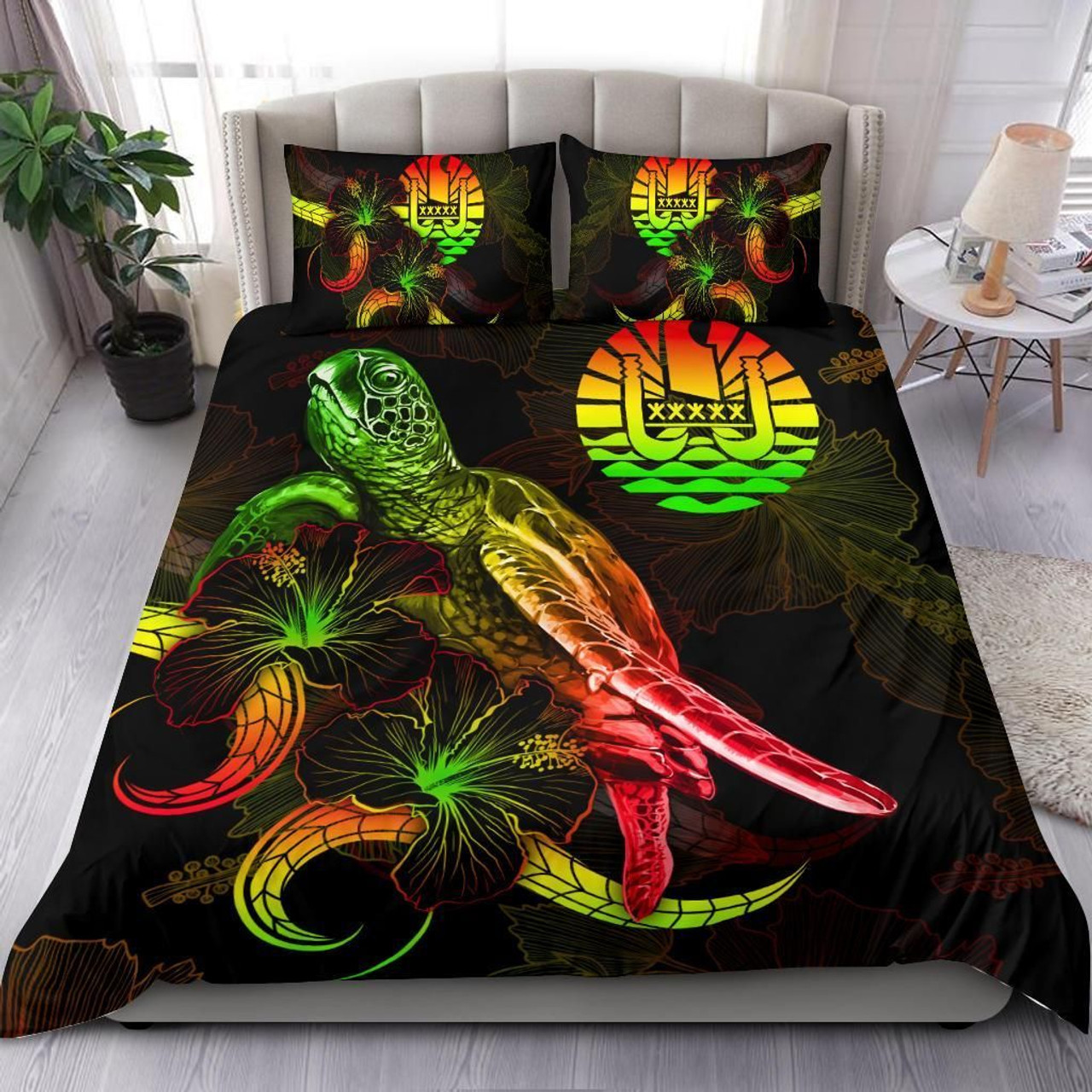Tahiti Polynesian Bedding Set - Turtle With Blooming Hibiscus Reggae 1