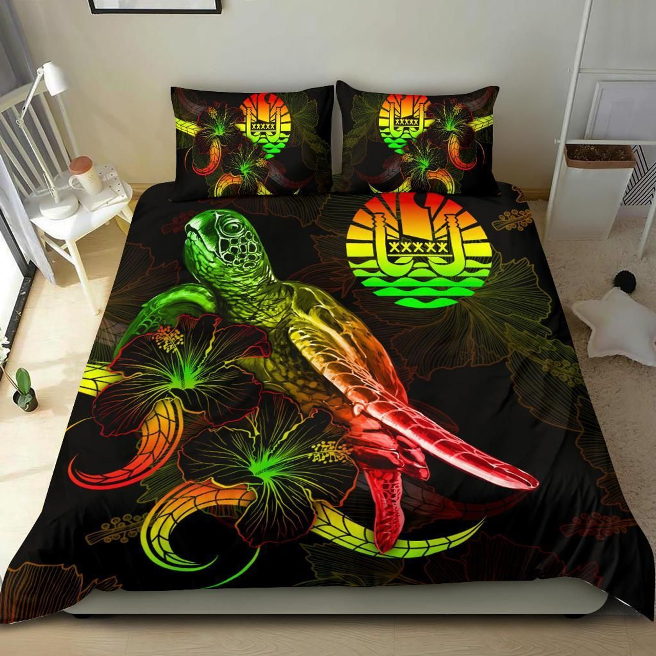 Tahiti Polynesian Bedding Set - Turtle With Blooming Hibiscus Reggae 2