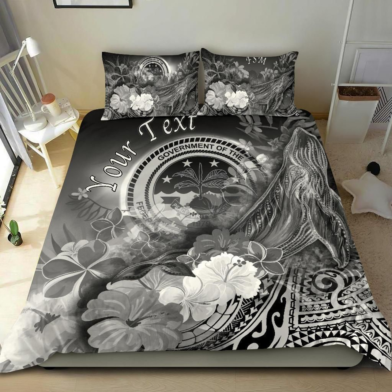 Federated States Of Micronesia Custom Personalised Bedding Set - Humpback Whale With Tropical Flowers (White) 1