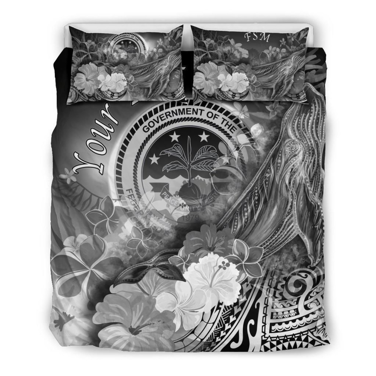 Federated States Of Micronesia Custom Personalised Bedding Set - Humpback Whale With Tropical Flowers (White) 3