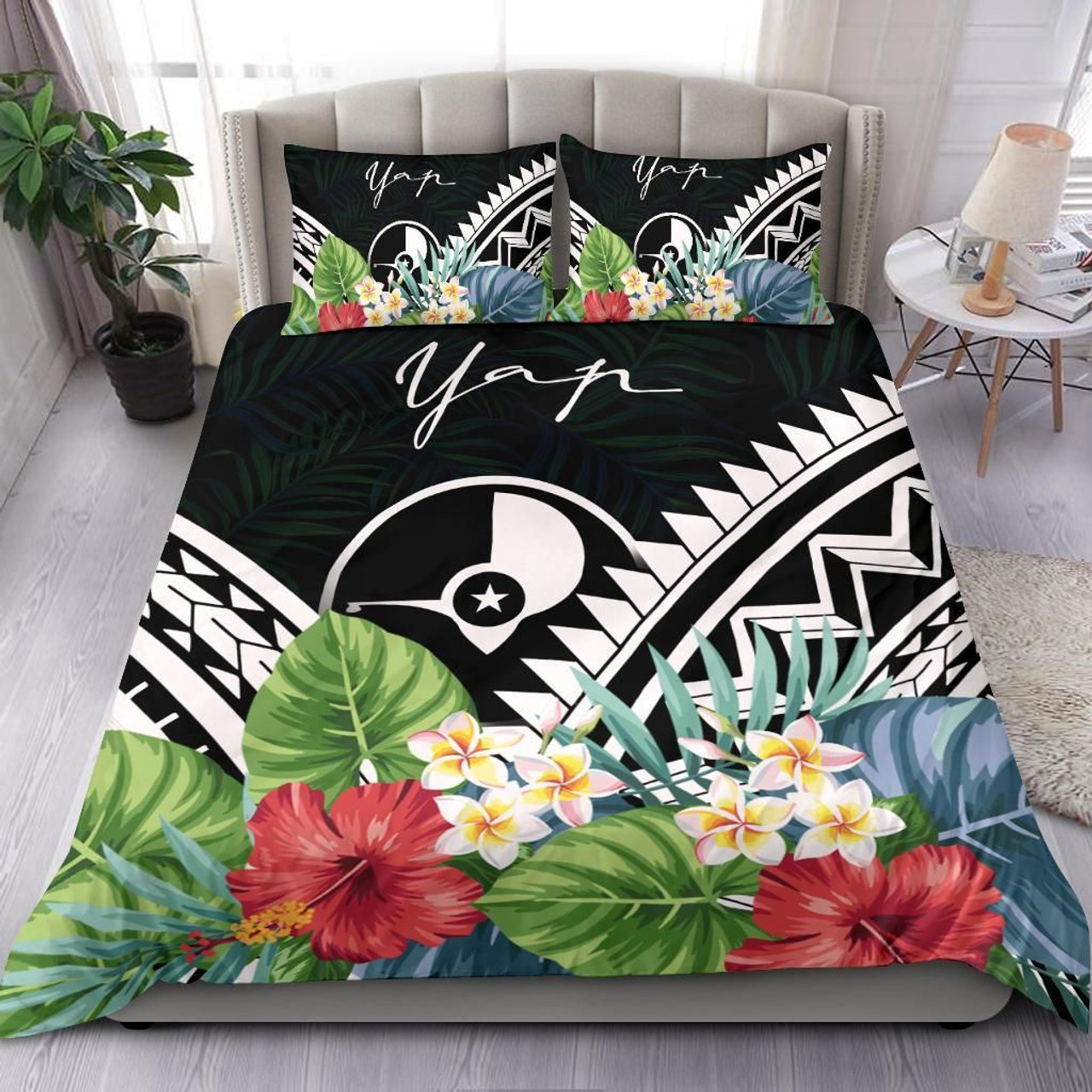 Yap Bedding Set - Yap Coat Of Arms & Polynesian Tropical Flowers White 1