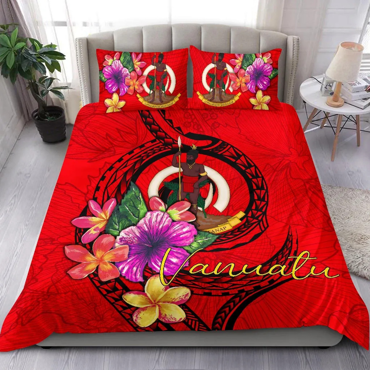 Vanuatu Polynesian Bedding Set - Floral With Seal Red 1