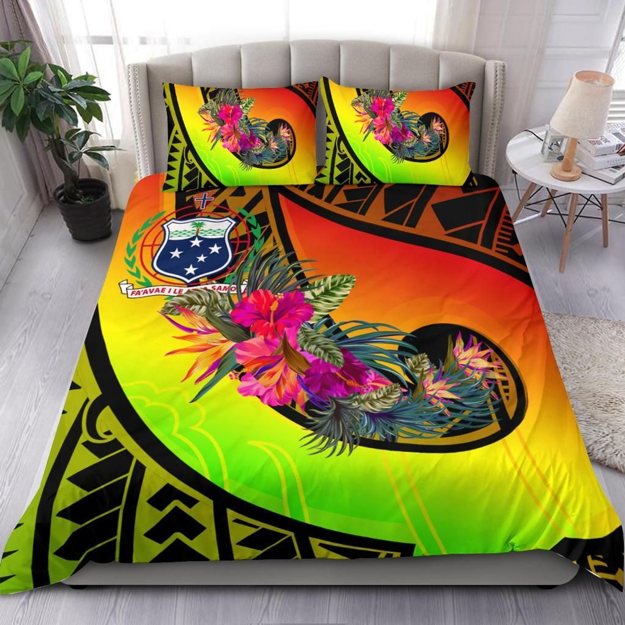 Samoa Bedding Set - Polynesian Hook And Hibiscus (Reggae) 1