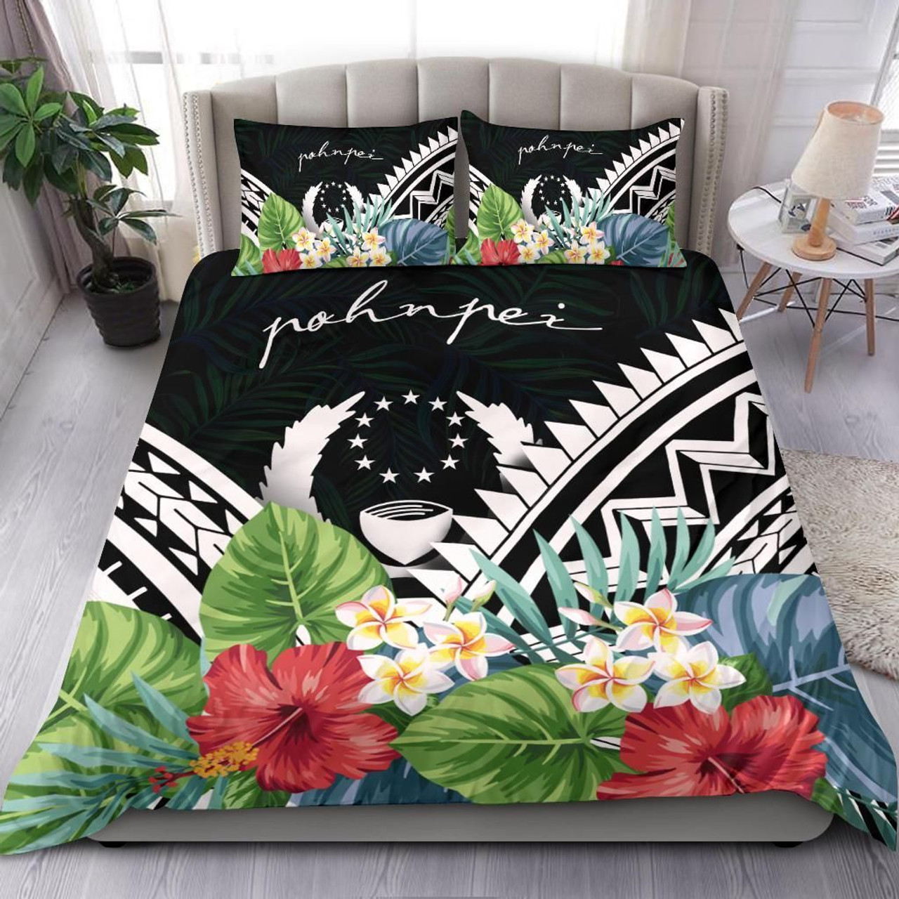 Pohnpei Bedding Set - Pohnpei Coat Of Arms & Polynesian Tropical Flowers White 1