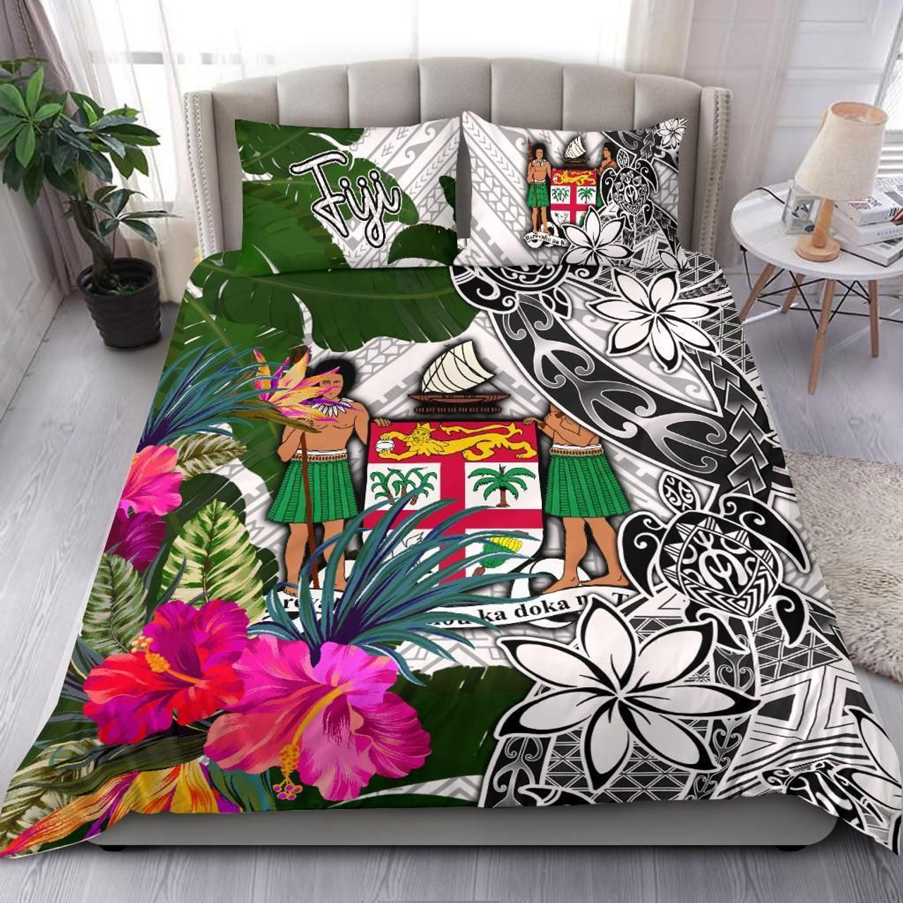 Fiji Bedding Set White - Turtle Plumeria Banana Leaf Crest 1