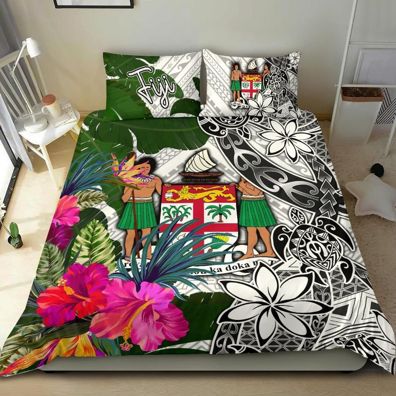 Fiji Bedding Set White - Turtle Plumeria Banana Leaf Crest 2