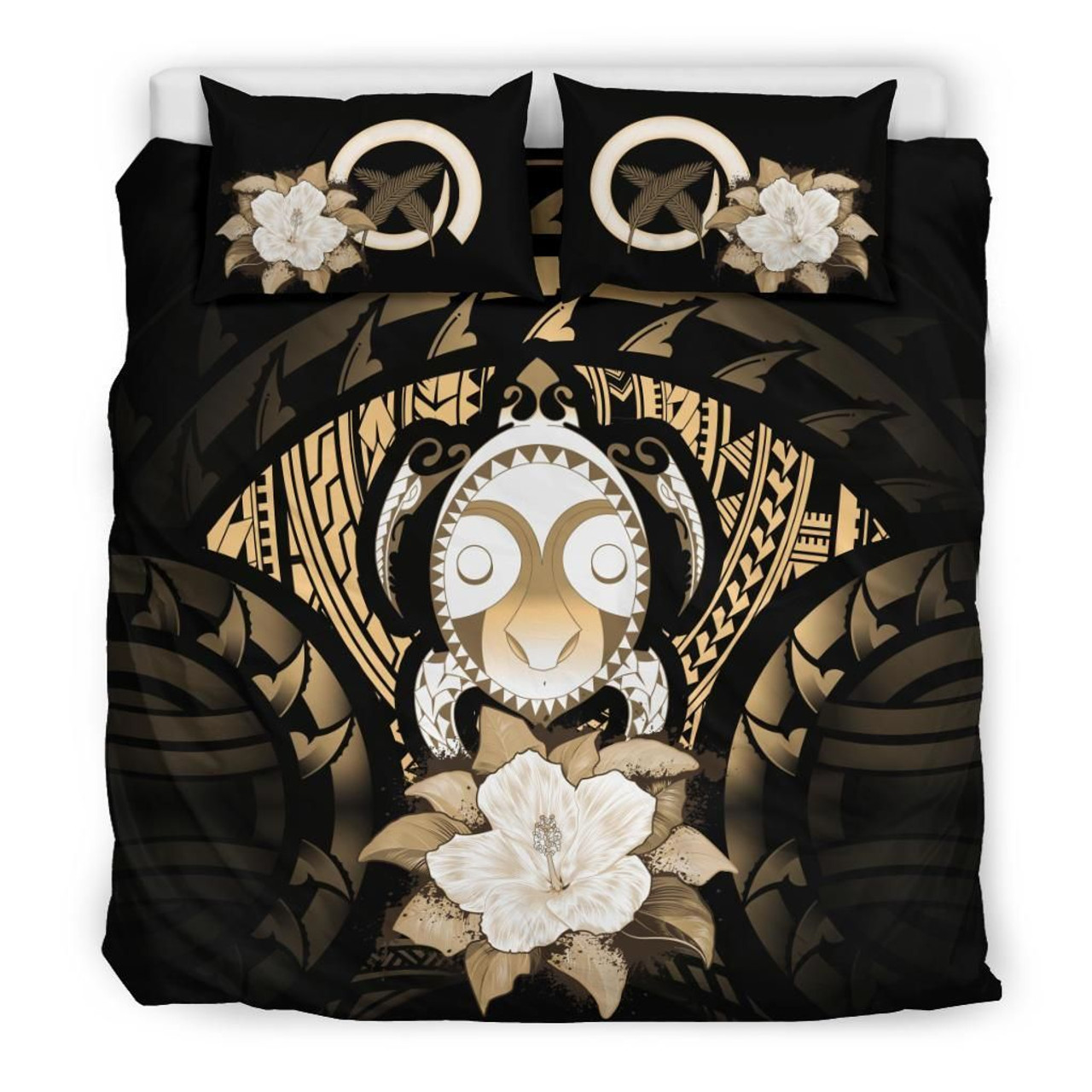 Vanuatu Duvet Cover Set - Turtle Tiki Face & Gold Hibiscus 1