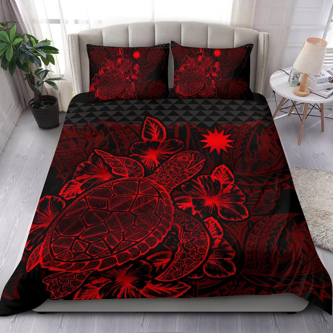 Northern Mariana Islands Bedding Set - Saipan Hibiscus Polynesian Pattern Red Version 5