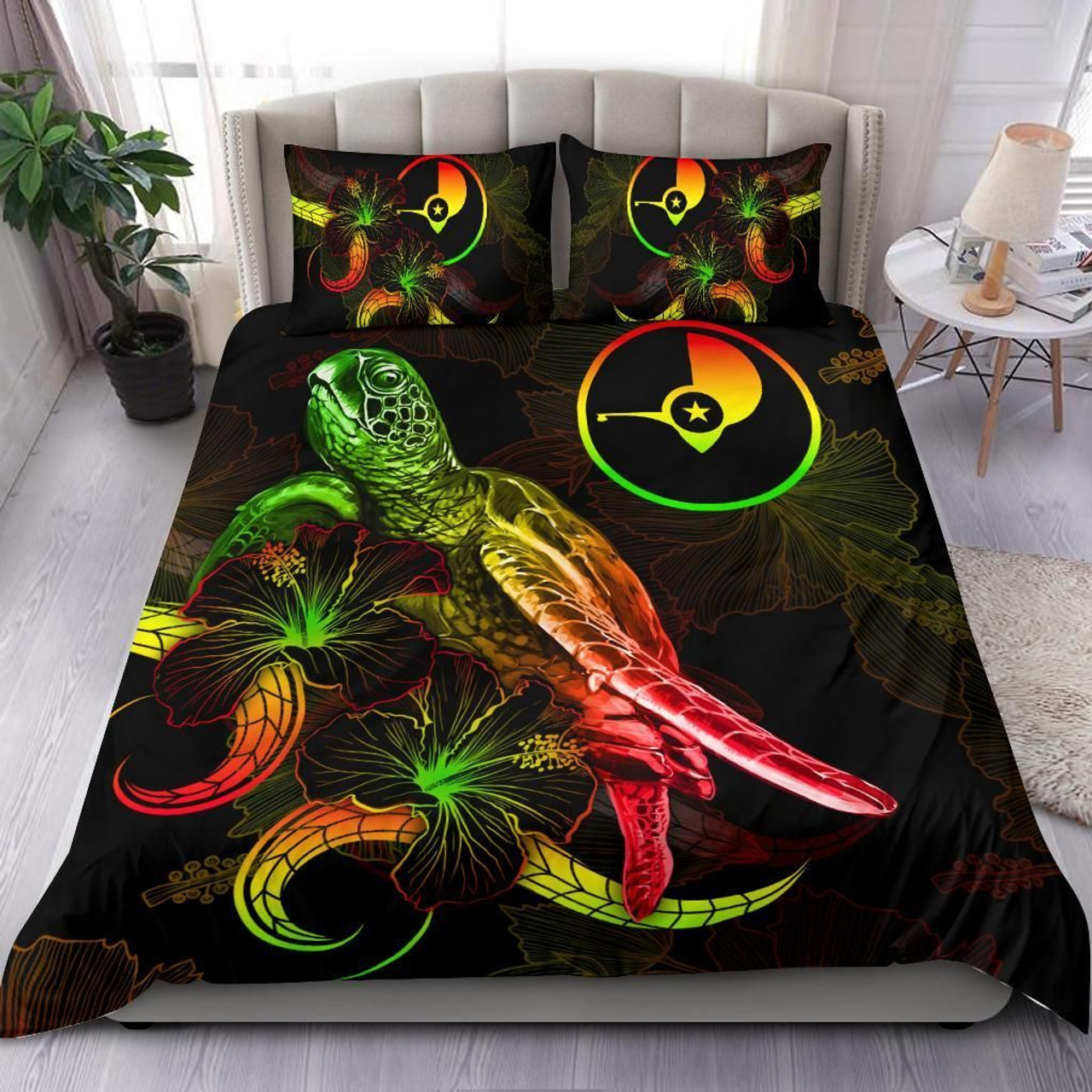 Yap Polynesian Bedding Set - Turtle With Blooming Hibiscus Reggae 1