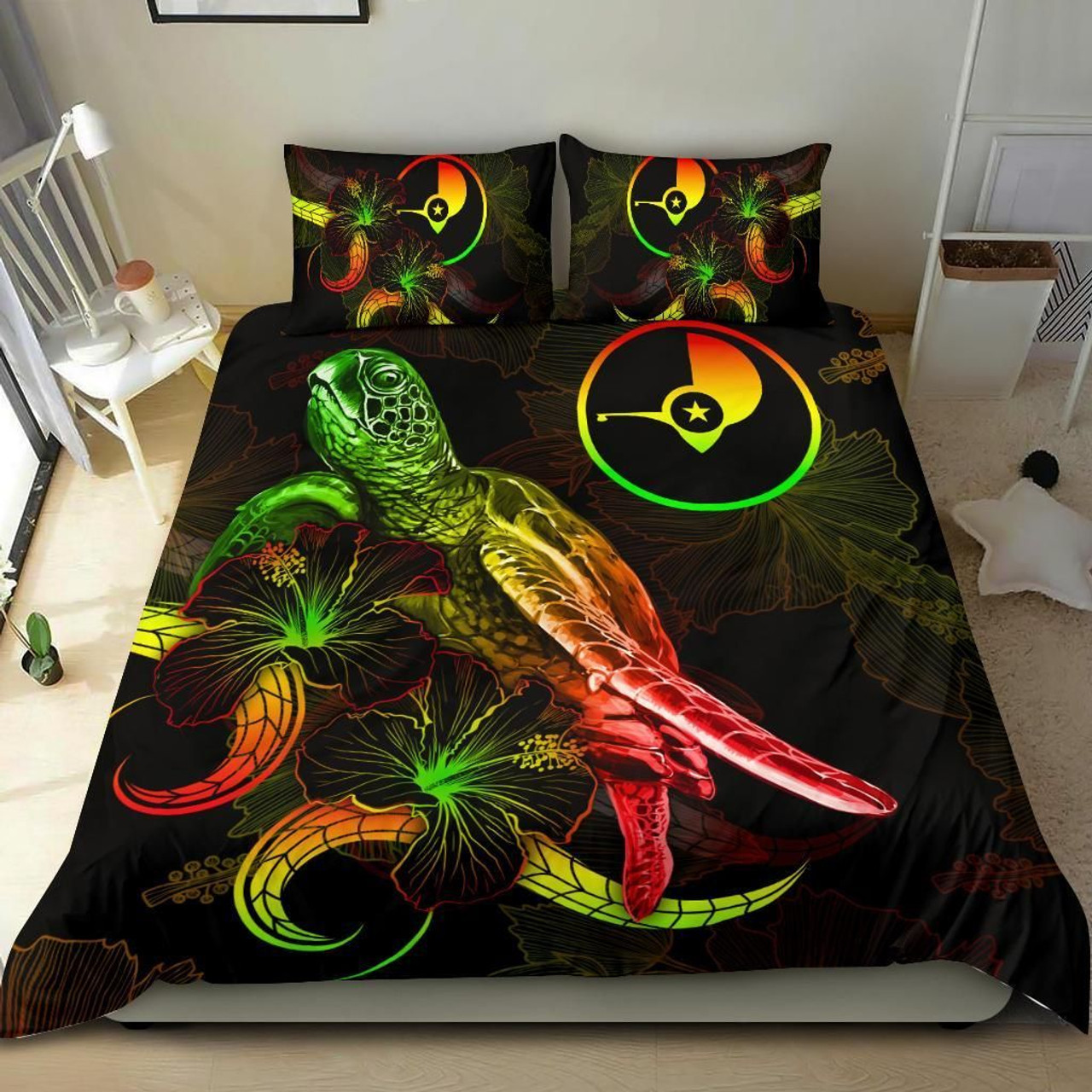 Yap Polynesian Bedding Set - Turtle With Blooming Hibiscus Reggae 2