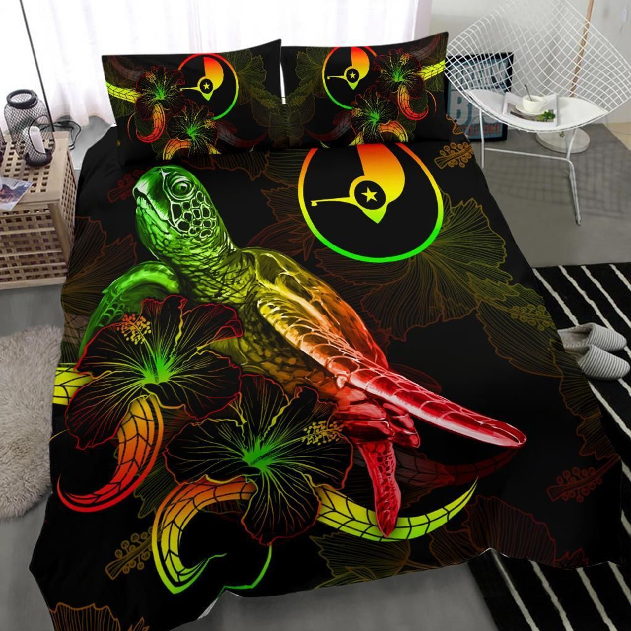 Yap Polynesian Bedding Set - Turtle With Blooming Hibiscus Reggae 3