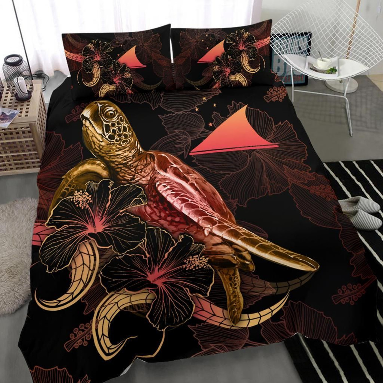 Tokelau Polynesian Bedding Set - Turtle With Blooming Hibiscus Gold 3