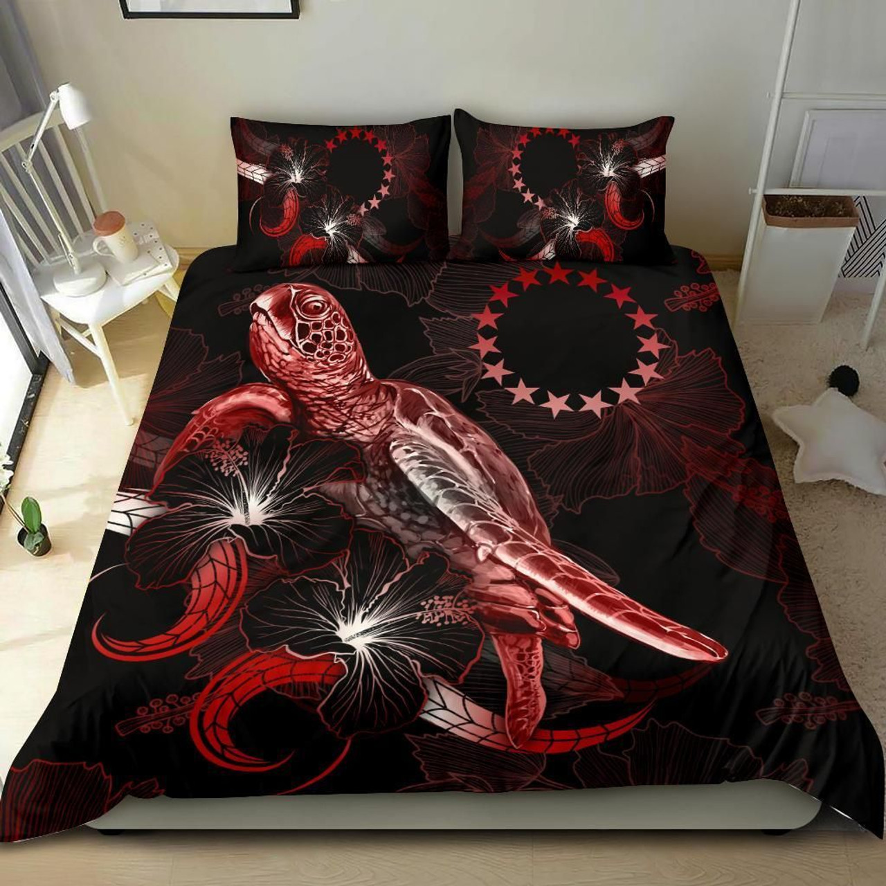 Cook Islands Polynesian Bedding Set - Turtle With Blooming Hibiscus Red 2