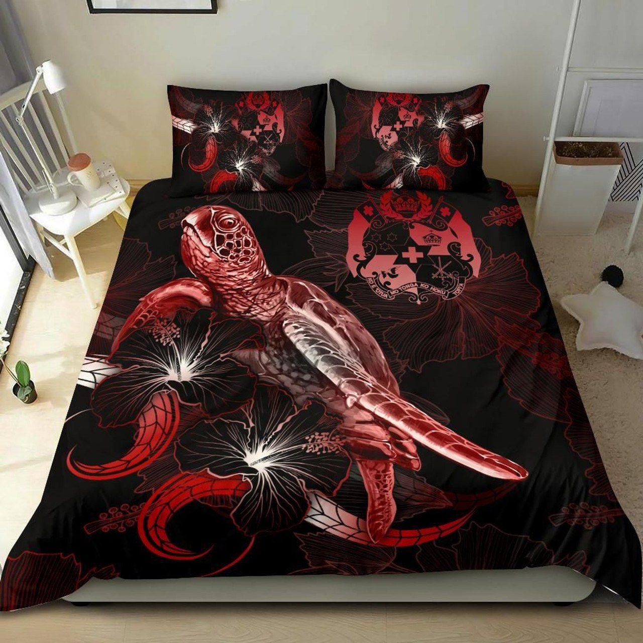 Tonga Polynesian Bedding Set - Turtle With Blooming Hibiscus Red 2