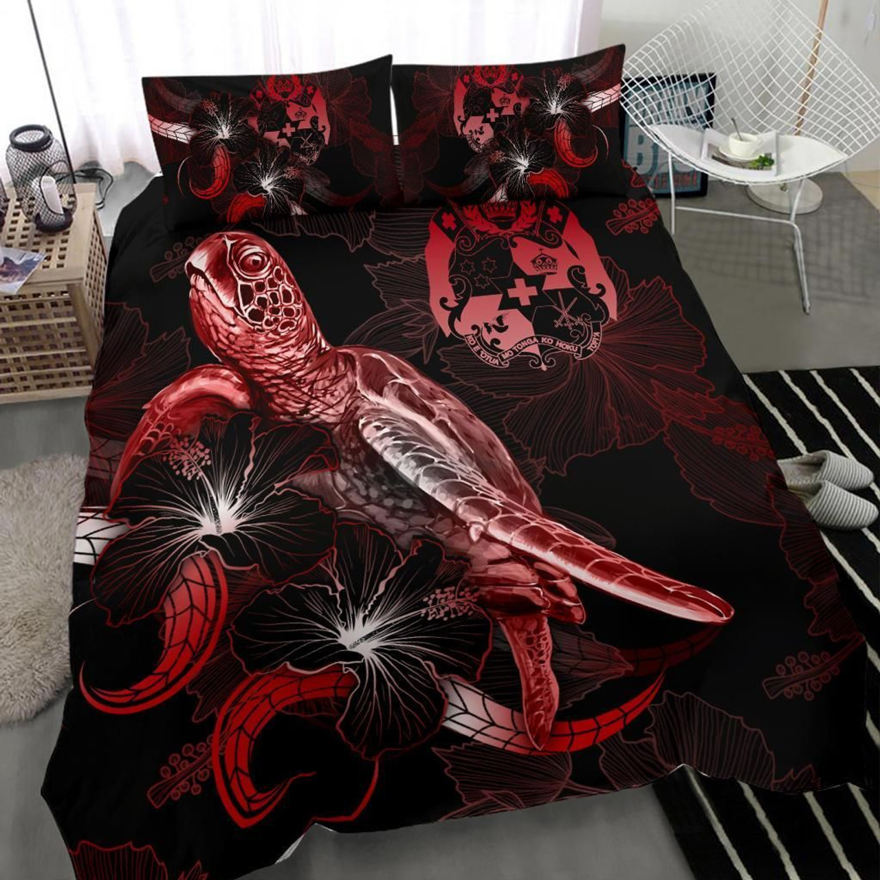 Tonga Polynesian Bedding Set - Turtle With Blooming Hibiscus Red 3