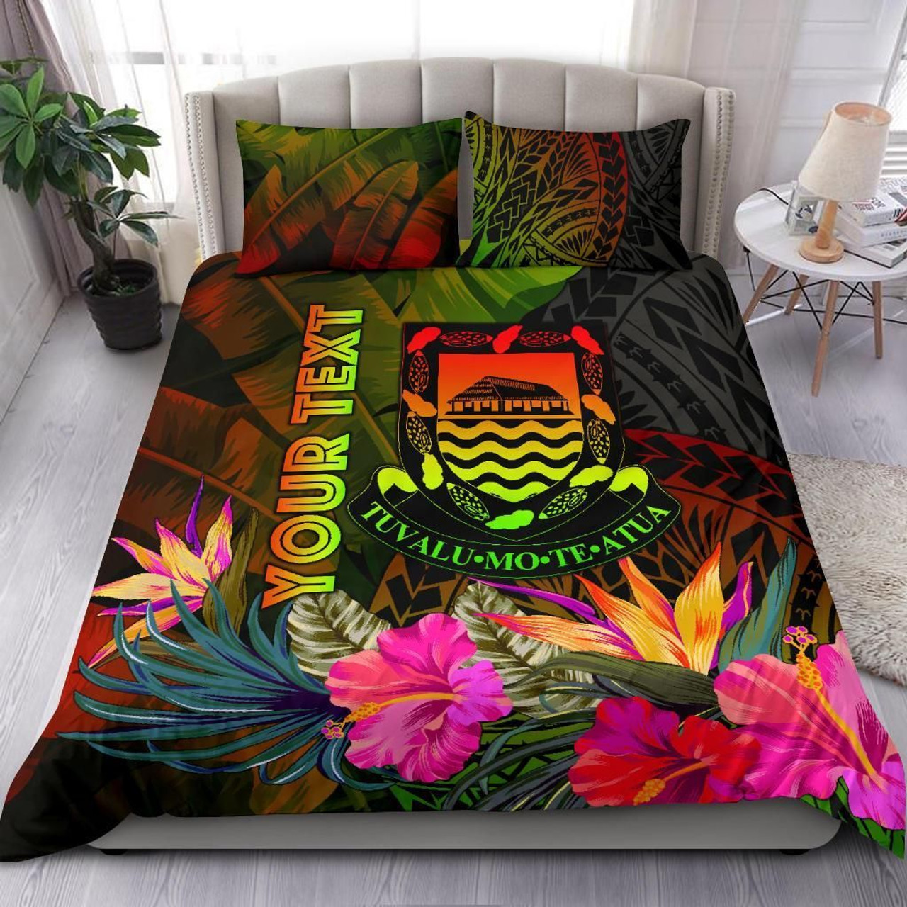 Tuvalu Polynesian Personalised Bedding Set - Hibiscus And Banana Leaves 1