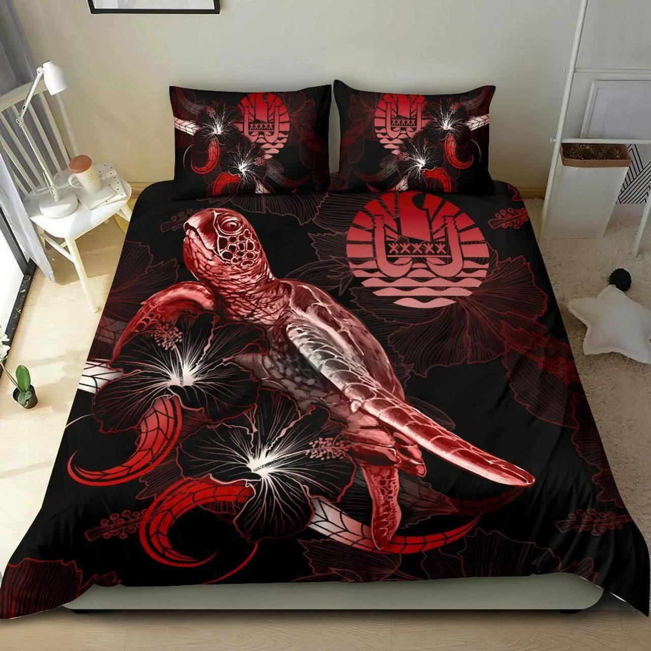 Tahiti Polynesian Bedding Set - Turtle With Blooming Hibiscus Red