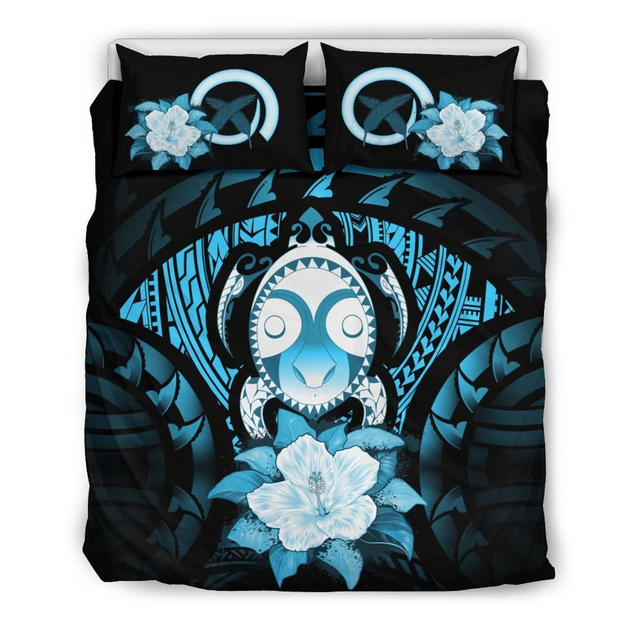 Vanuatu Duvet Cover Set - Turtle Tiki Face &Turquoise Hibiscus 2