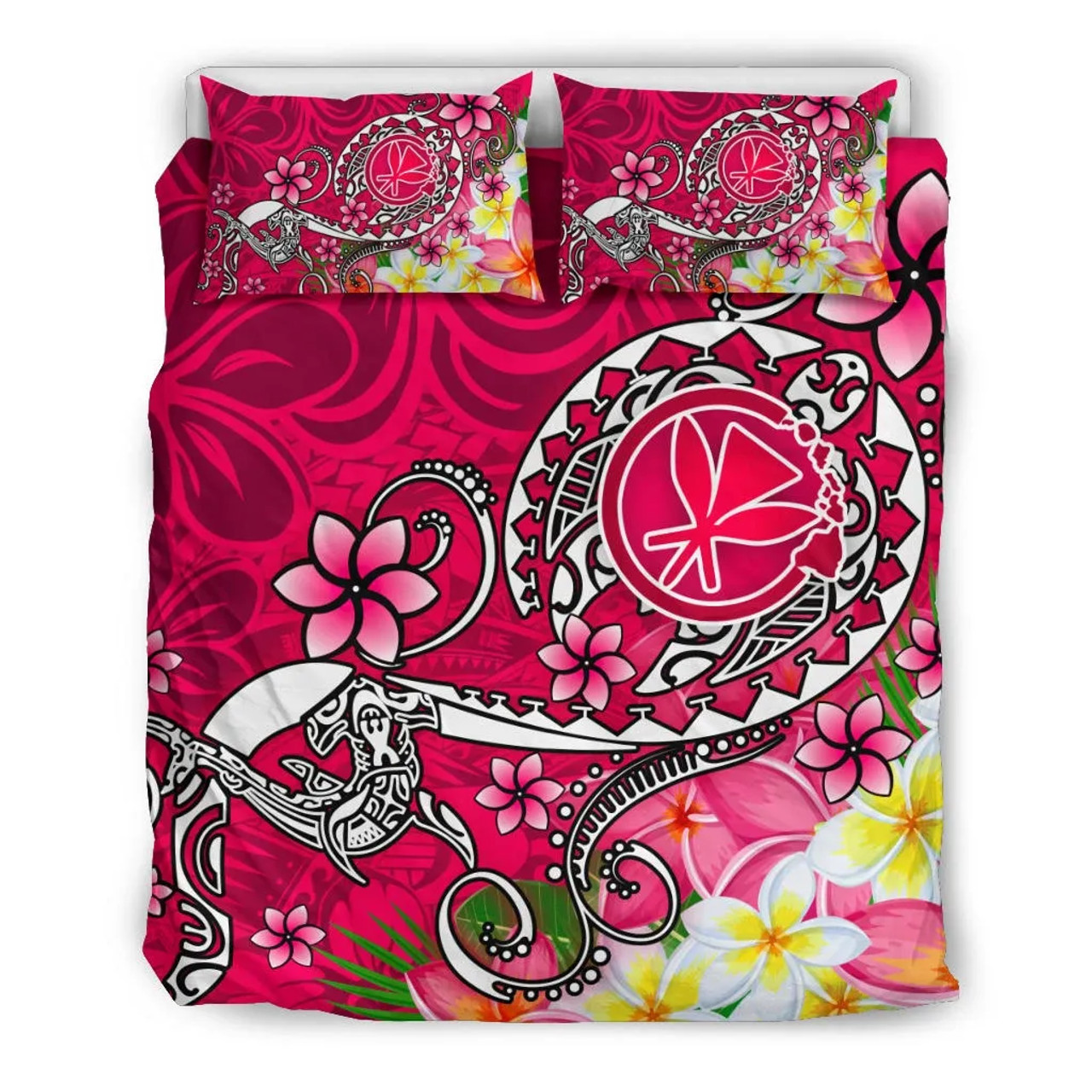 Hawaii Bedding Set - Turtle Plumeria Polynesian Tattoo Pink Color 3