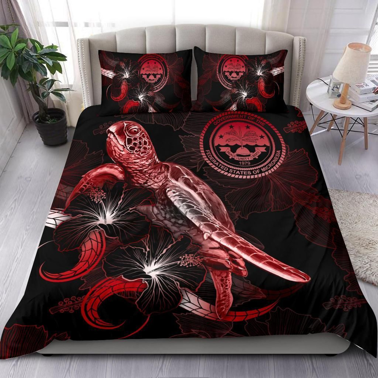 Federated States Of Micronesia Polynesian Bedding Set - Turtle With Blooming Hibiscus Red 1