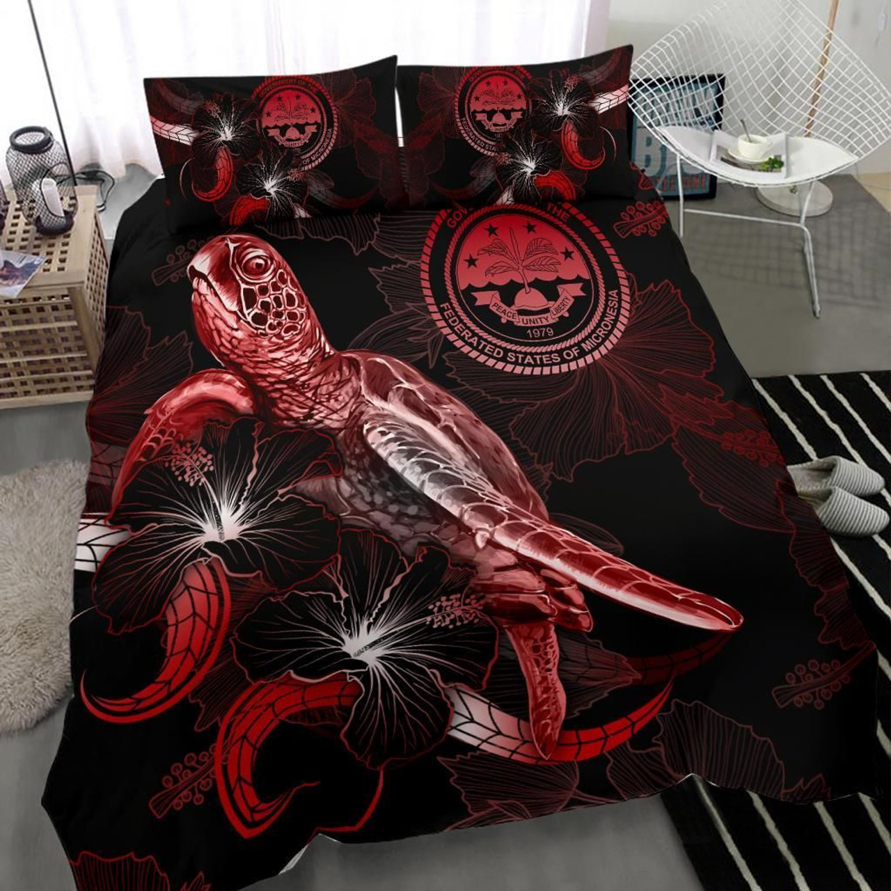 Federated States Of Micronesia Polynesian Bedding Set - Turtle With Blooming Hibiscus Red 3