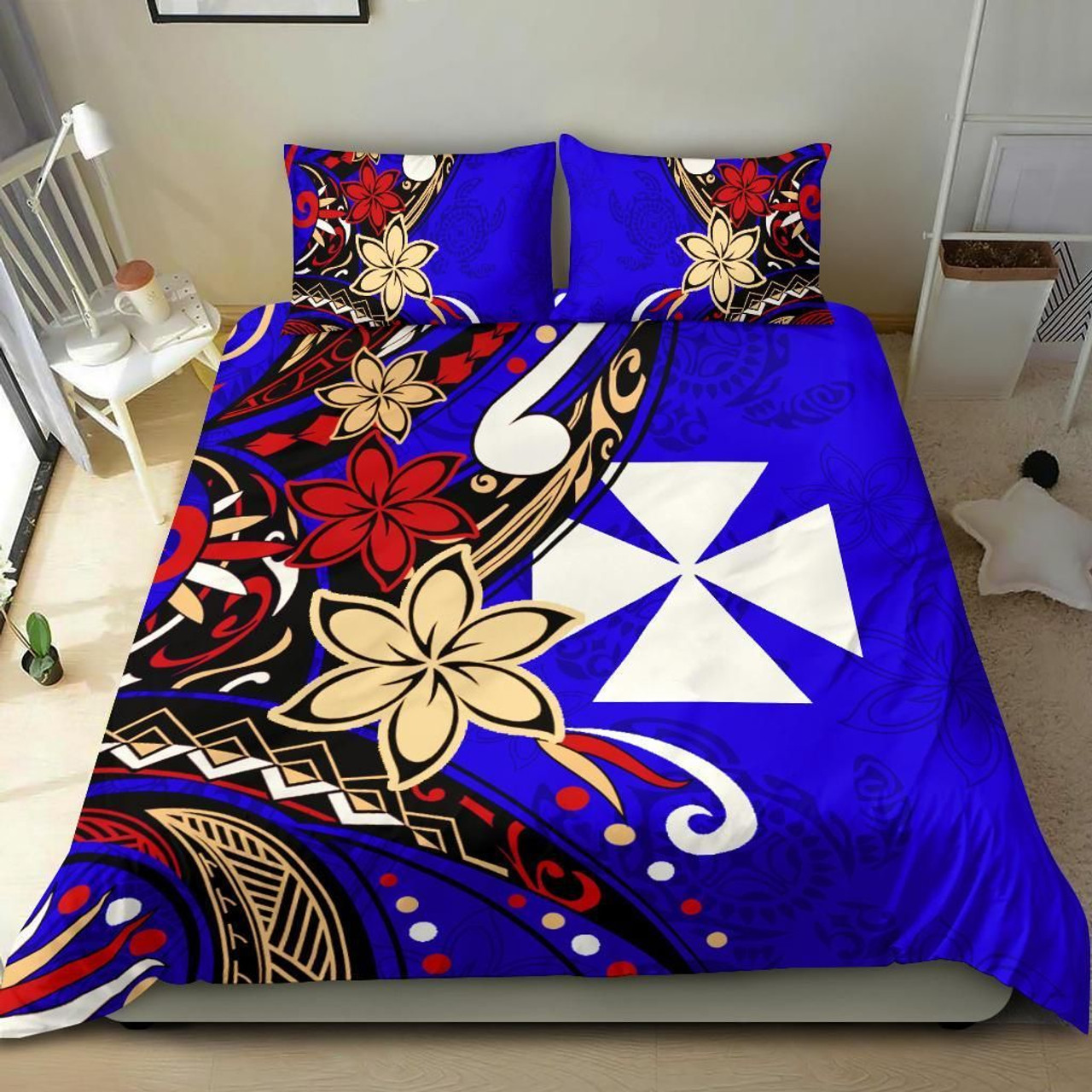 Wallis And Futuna Bedding Set - Tribal Flower With Special Turtles Blue Color 1