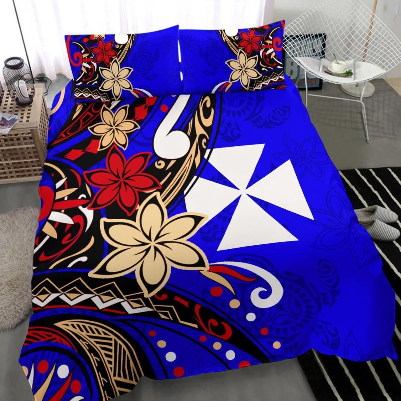 Wallis And Futuna Bedding Set - Tribal Flower With Special Turtles Blue Color 3