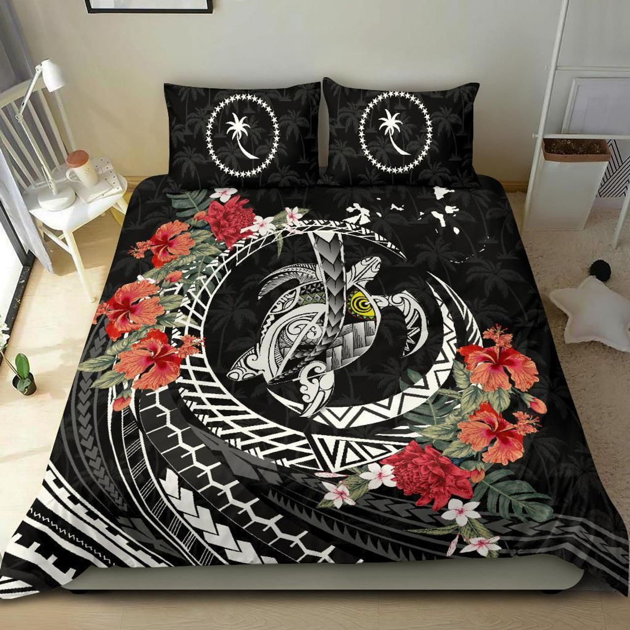 [Custom Personalised] Chuuk Bedding Set - Humpback Whale With Tropical Flowers (Blue) 4