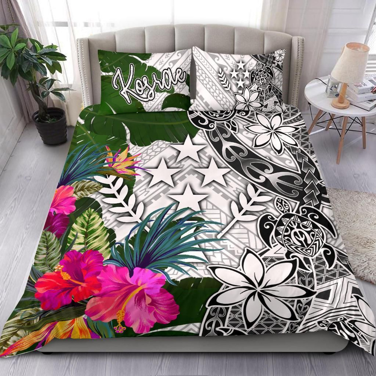 Kosrae Bedding Set White - Turtle Plumeria Banana Leaf 1