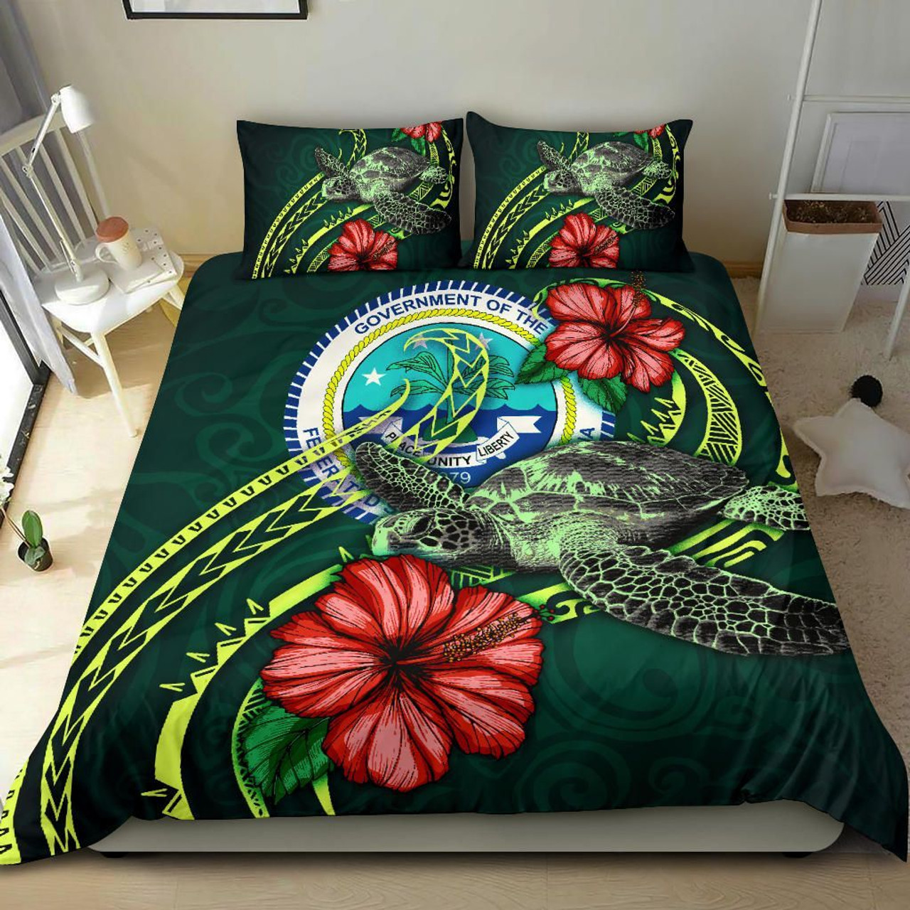 Polynesian Bedding Set - Federated States Of Micronesia Duvet Cover Set Green Turtle Hibiscus 1