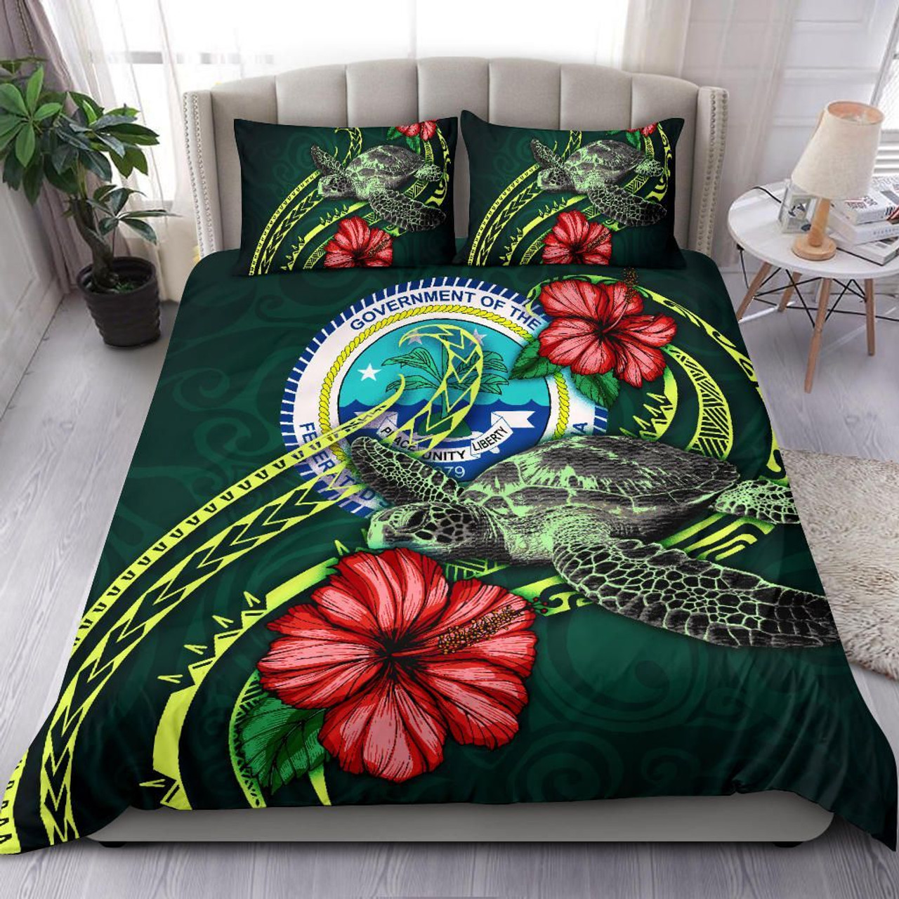 Polynesian Bedding Set - Federated States Of Micronesia Duvet Cover Set Green Turtle Hibiscus 2