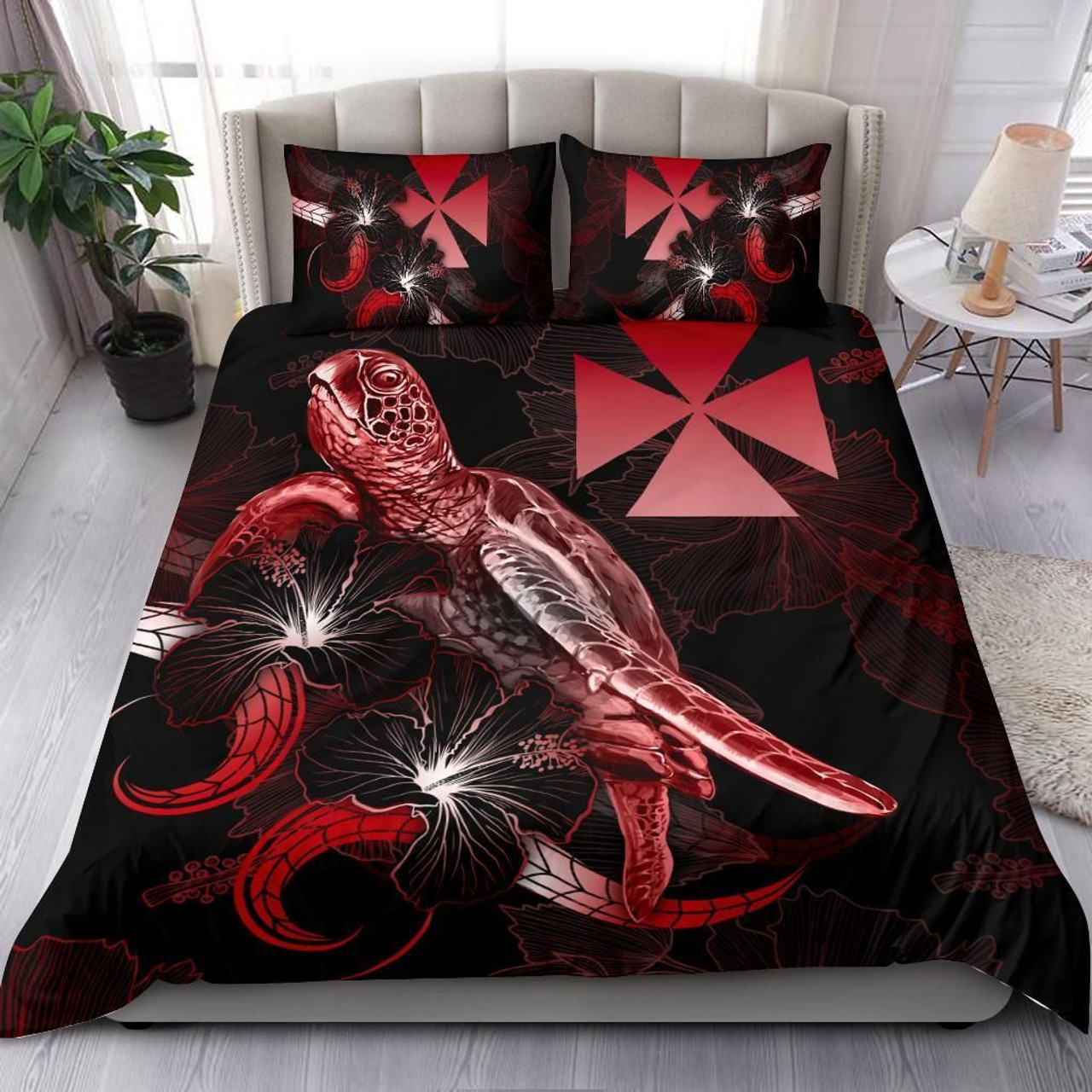Wallis And Futuna Polynesian Bedding Set - Turtle With Blooming Hibiscus Red 1