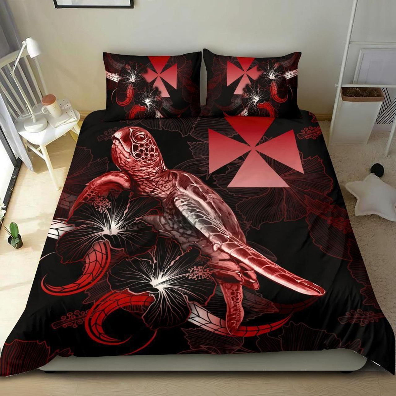 Wallis And Futuna Polynesian Bedding Set - Turtle With Blooming Hibiscus Red 2