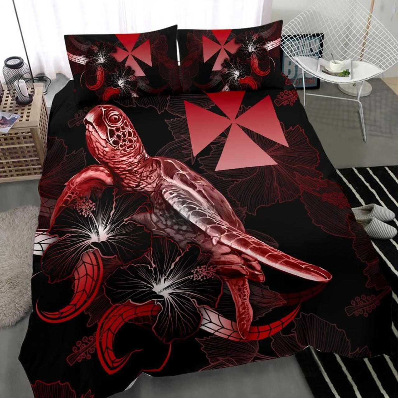 Wallis And Futuna Polynesian Bedding Set - Turtle With Blooming Hibiscus Red 3