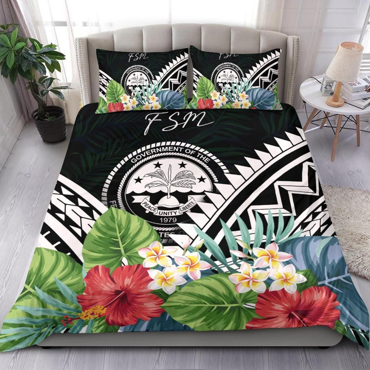 FSM Bedding Set - FSM Coat Of Arms & Polynesian Tropical Flowers White 1