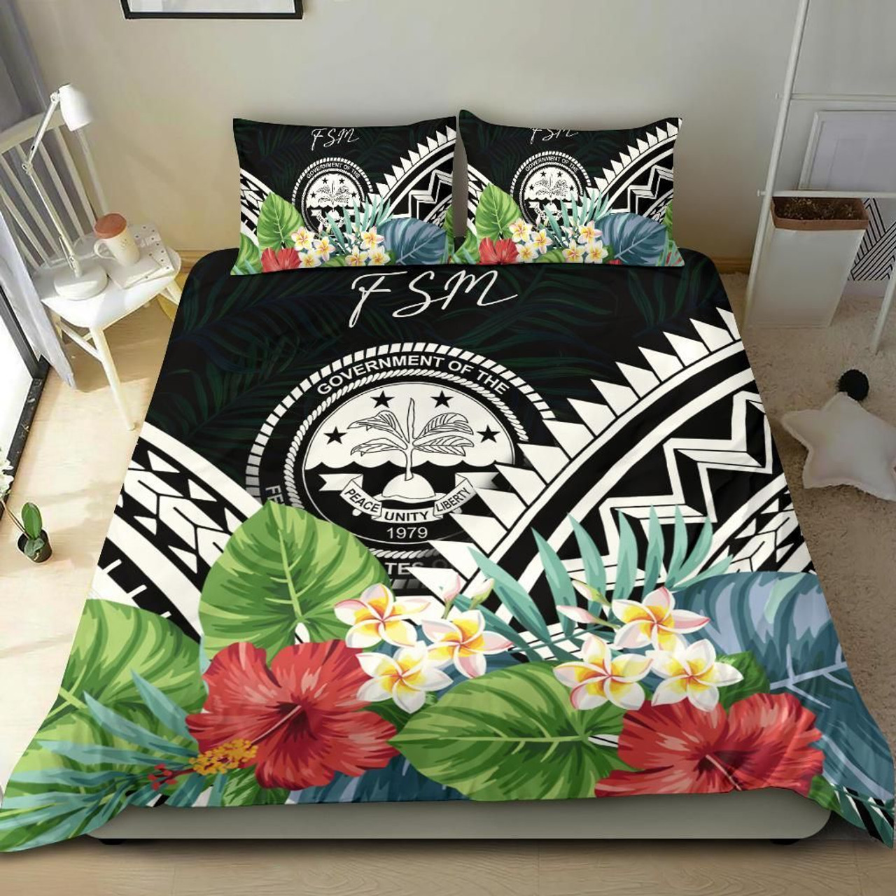 FSM Bedding Set - FSM Coat Of Arms & Polynesian Tropical Flowers White 2