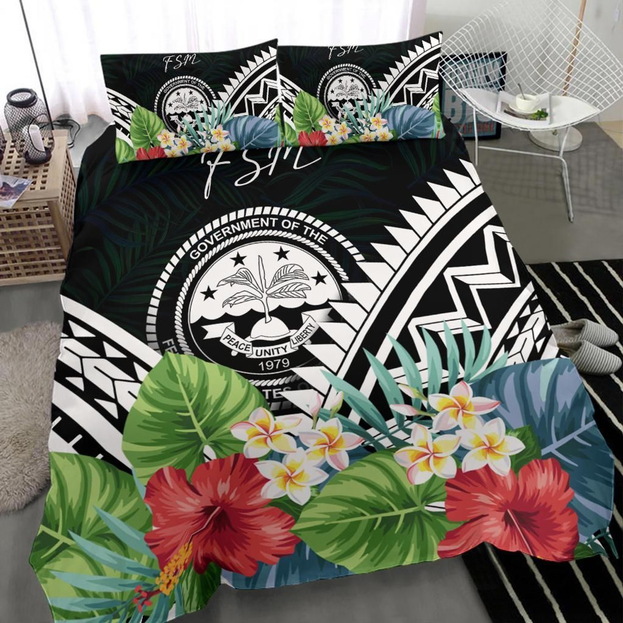 FSM Bedding Set - FSM Coat Of Arms & Polynesian Tropical Flowers White 3