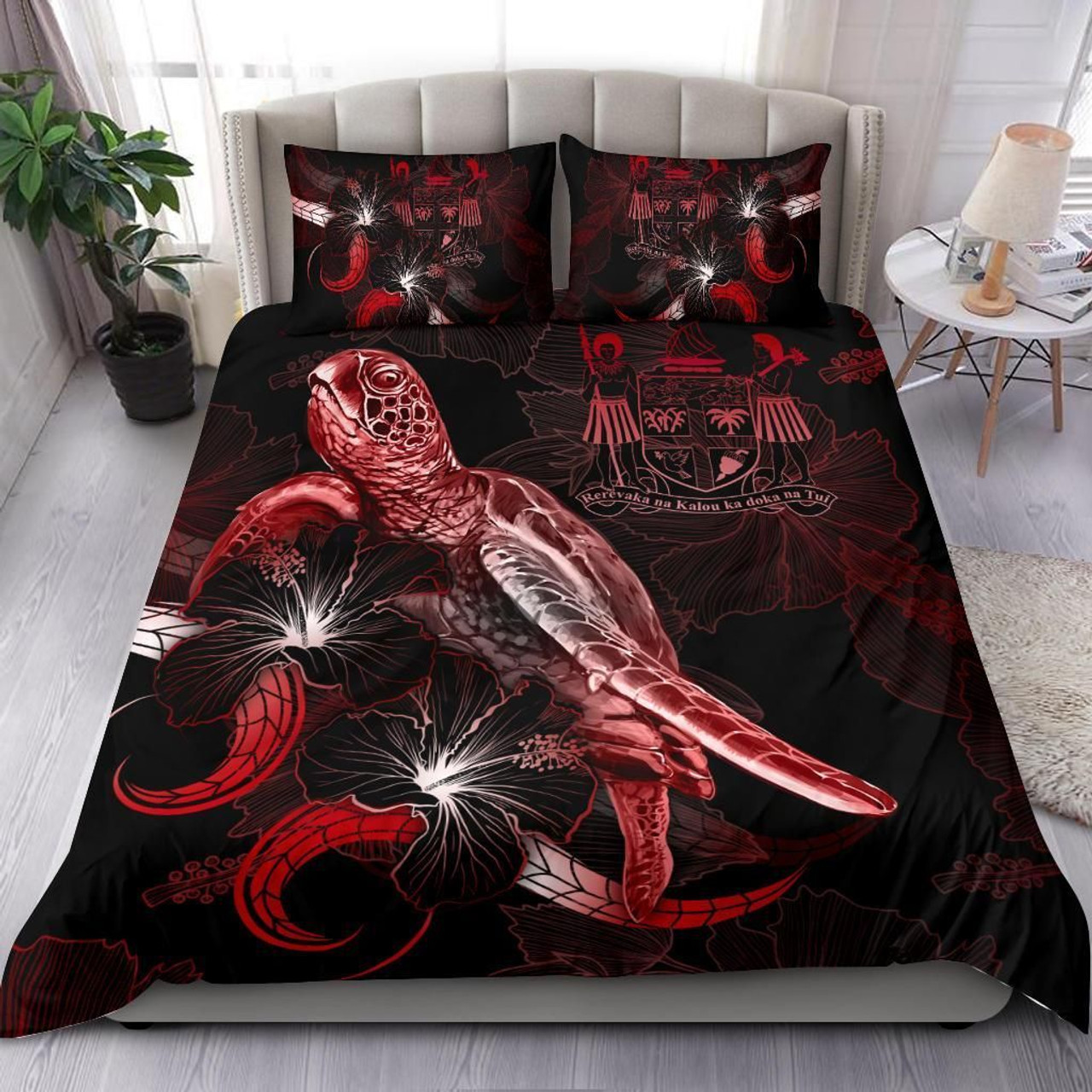 Fiji Polynesian Bedding Set - Turtle With Blooming Hibiscus Red 1