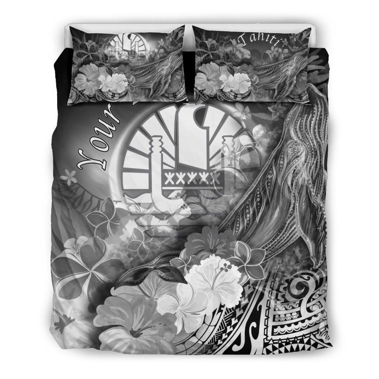 Tahiti Custom Personalised Bedding Set - Humpback Whale With Tropical Flowers (White) 3