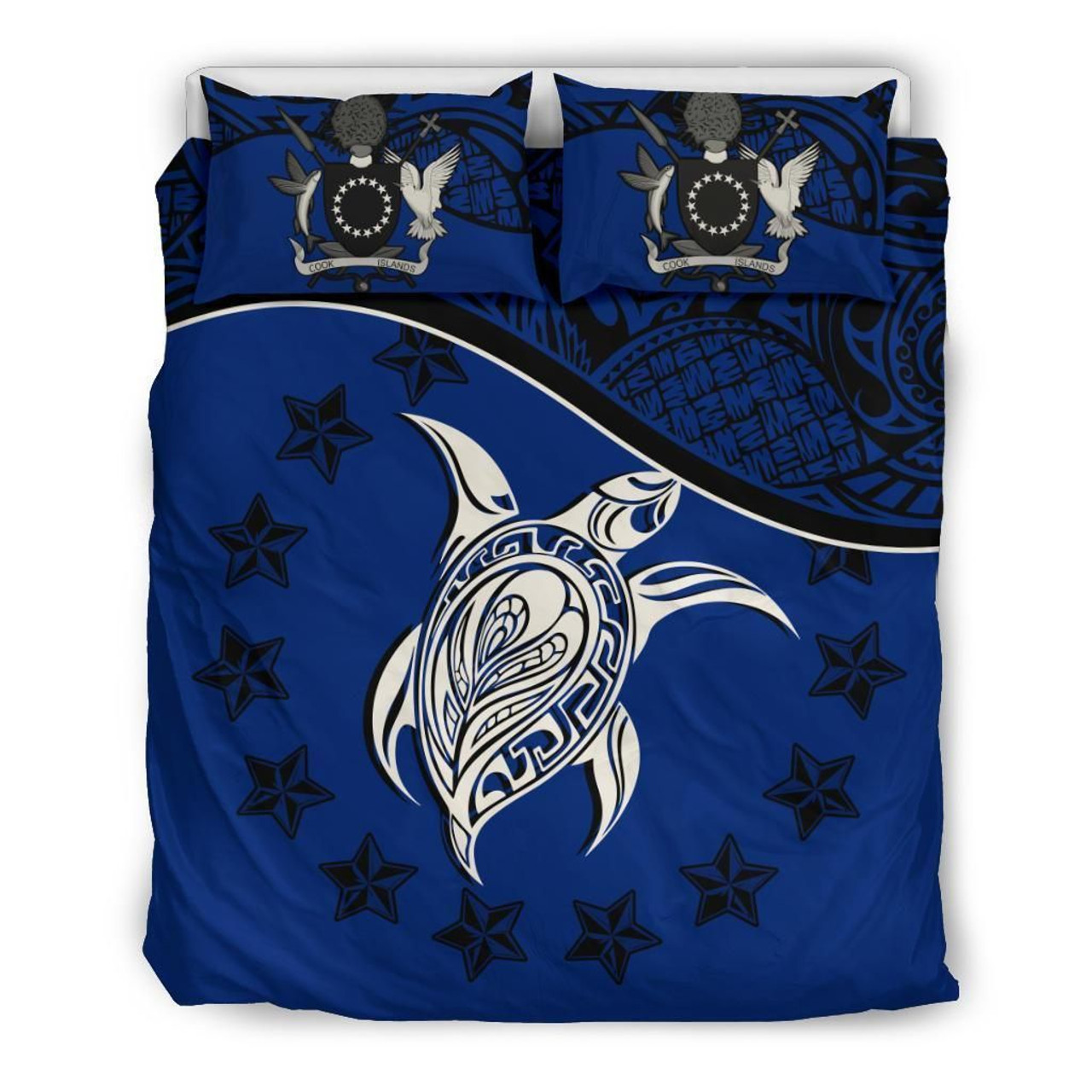 Cook Islands Duvet Cover Set - Cook Islands Flag & Turtle Tattoo Dark Blue 2