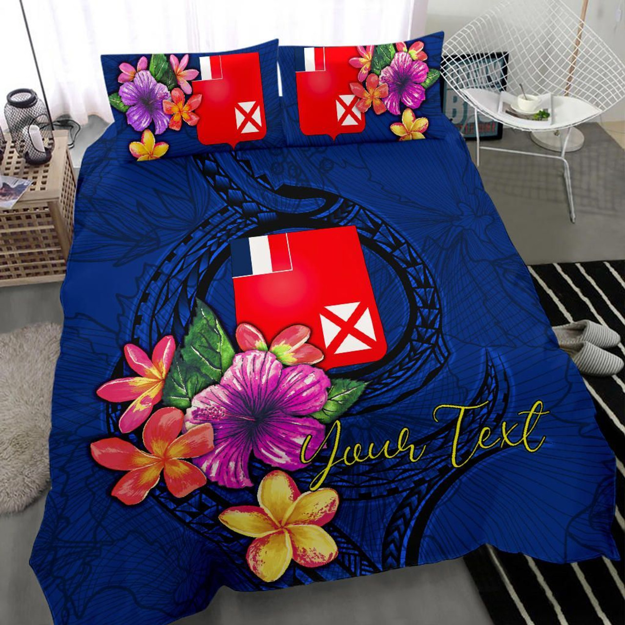 Polynesian Custom Personalised Bedding Set - Wallis And Futuna Duvet Cover Set Floral With Seal Blue 3