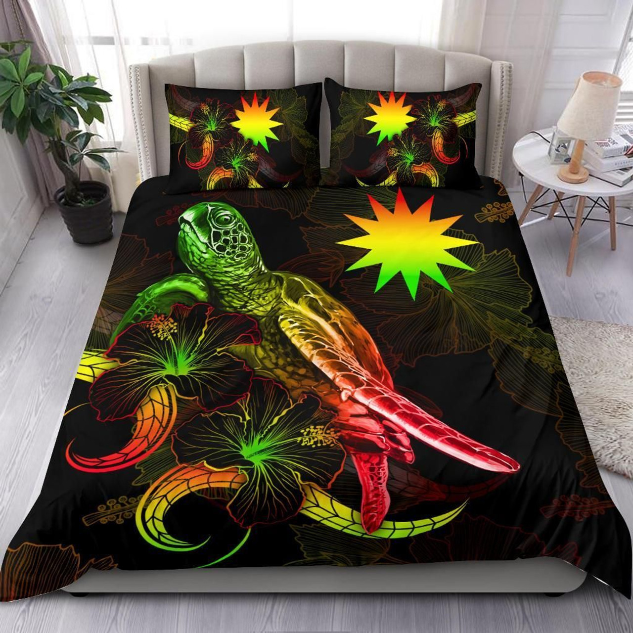 Nauru Polynesian Bedding Set - Turtle With Blooming Hibiscus Reggae 1